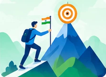 An aspirant climbing a mountain towards a target, holding the Indian flag